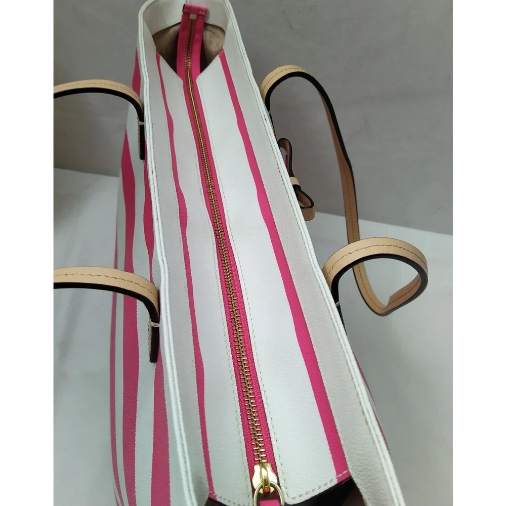 Kate Spade Pink Stripe Leather Trim Bow Double Handles Zipper Tote Shoulder Bag